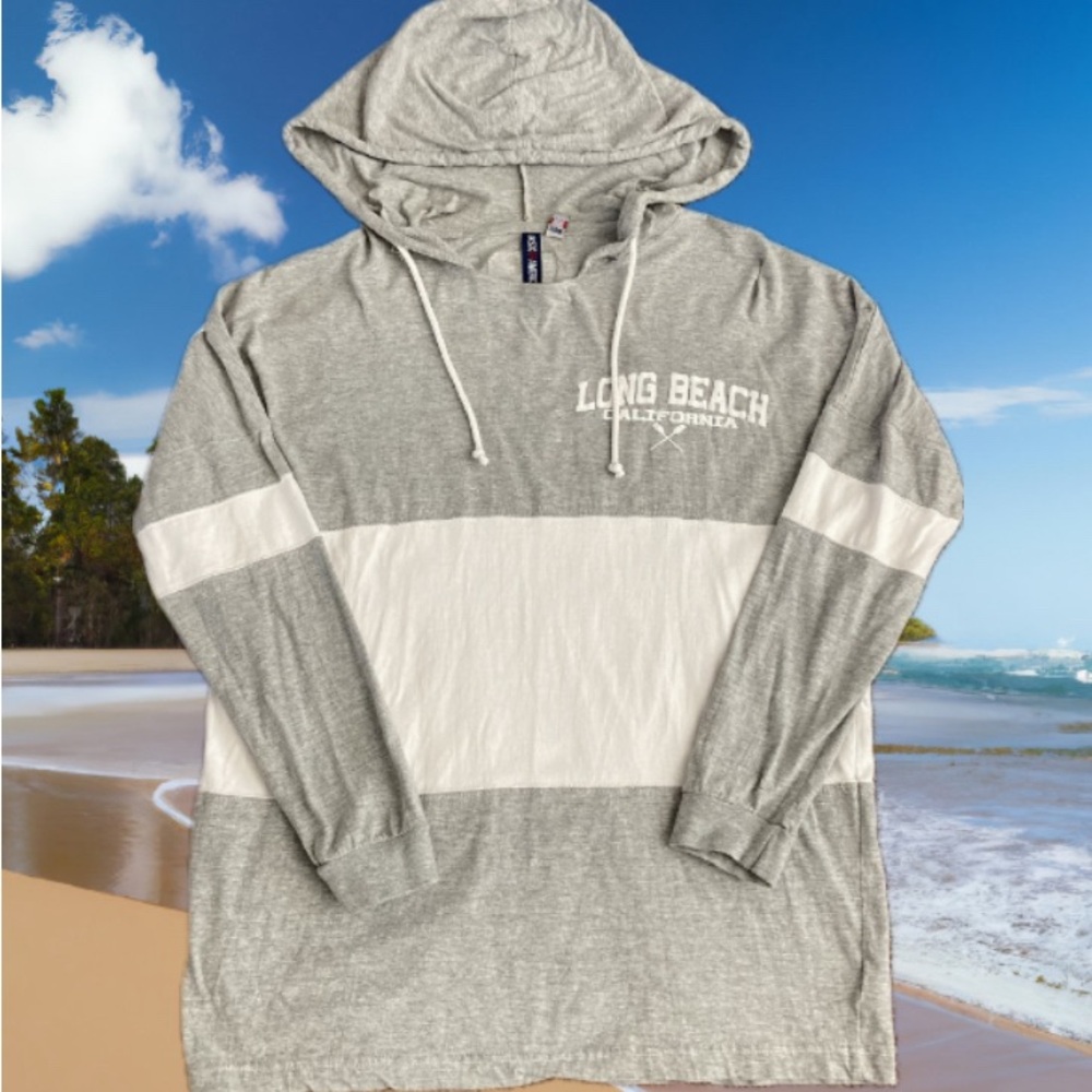 Basix of America Hooded Long Sleeve T-Shirt Size M Gray White Long Beach